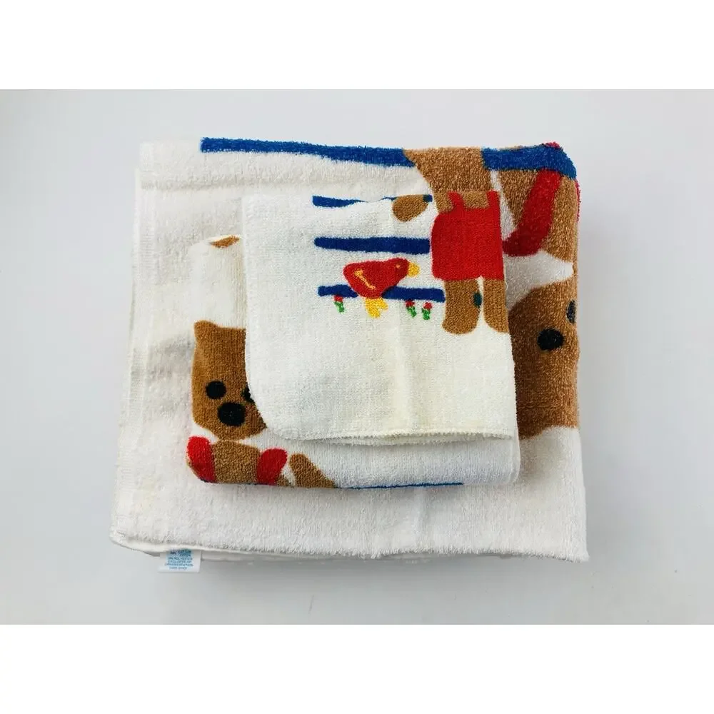 Vintage Springmaid Bear Birds Fence Towel Set Bath Hand & Wash Cloth Child Kid